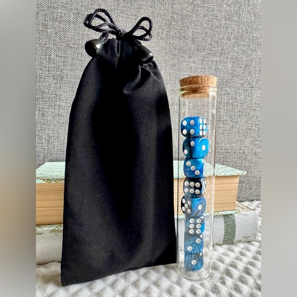 New Set of 8 Blue & Black Swirl 15mm Acrylic Dice w/ Glass Tube & Storage Bag - Picture 1 of 6